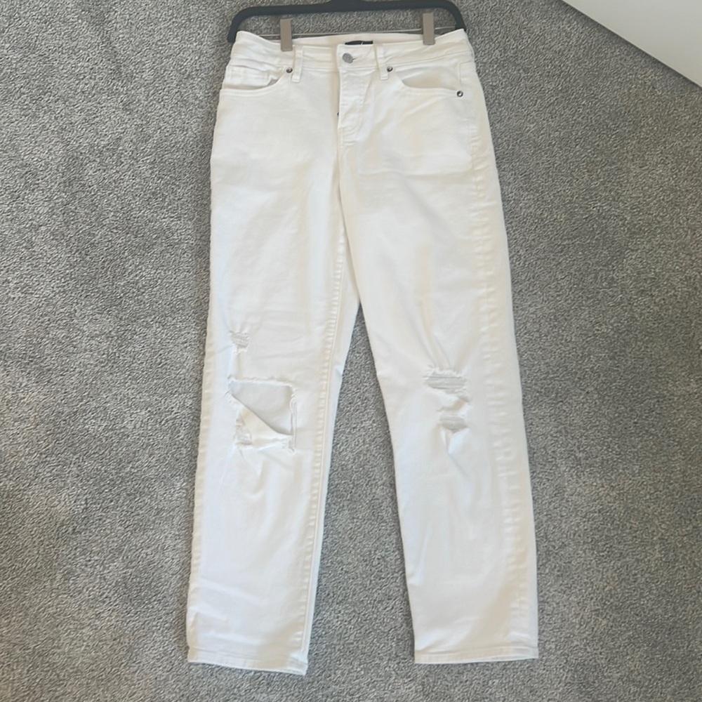 White distressed mid rise boyfriend jeans